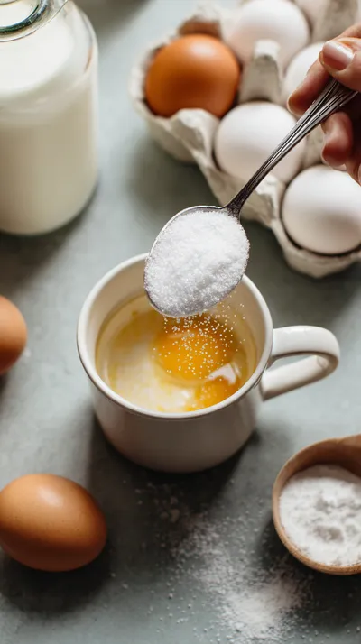 Смешивание яиц с сахаром и солью в миске