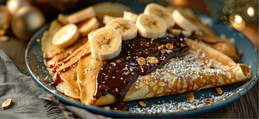 Блины на кефире с бананом, пастой Milka и фисташками